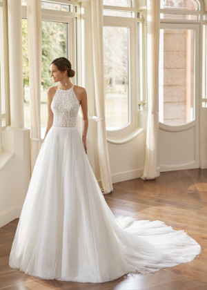 Beaded Halter Neck Ivory Lace Tulle Sparkly Wedding Dress